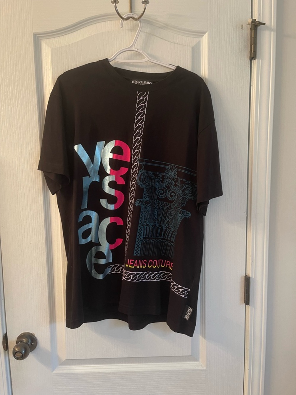 Versace Jeans Collection Black Tee with Blue and Pink Logo